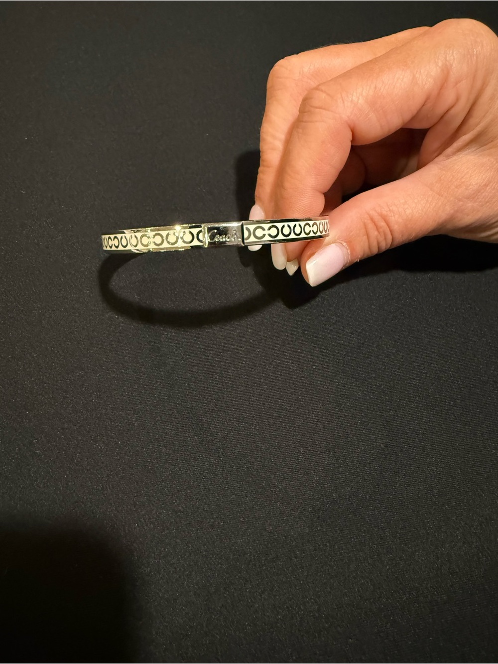 Coach White Enamel Signature C Hinged Bangle Bracelet Silver Tone